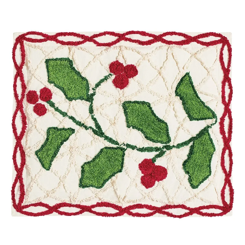 Elegant Tufted Red and Green Holly Chenille Pillow Sham