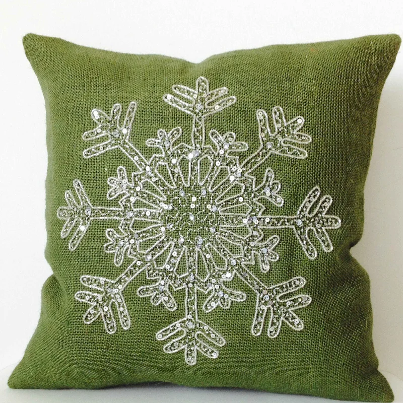 Snowflake Pillow, Green Throw Pillow, Burlap Pillow Cover