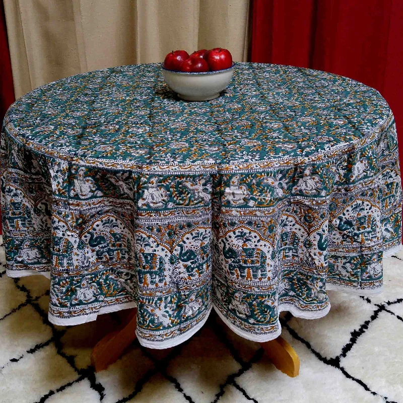 Handmade 100% Cotton Hand Block Print Floral Tablecloth 72 Inch Round Green