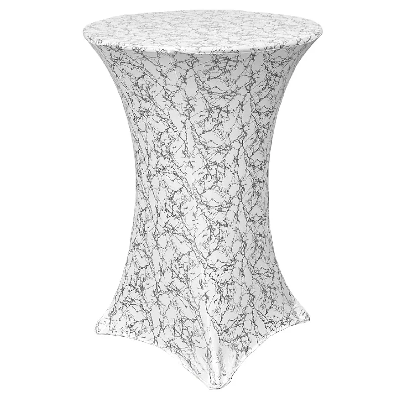 30 inch Highboy Cocktail Round Stretch Spandex Table Cover White With Silver Marbling