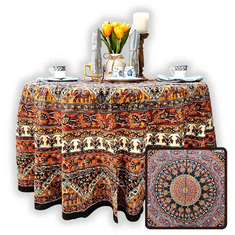 Cotton Tusker Bloom Mandala Floral Tablecloth Round, Terra Cotta