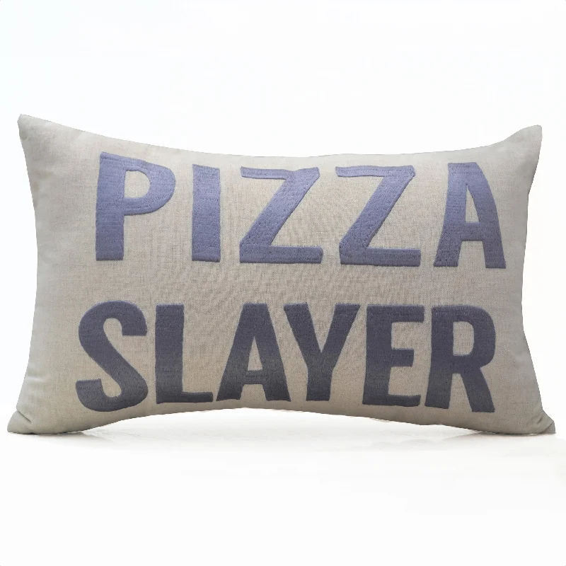 Pizza Slayer Hand Embroidered Ivory Linen Throw Pillow Cover, Decorative Custom Cushion Cover