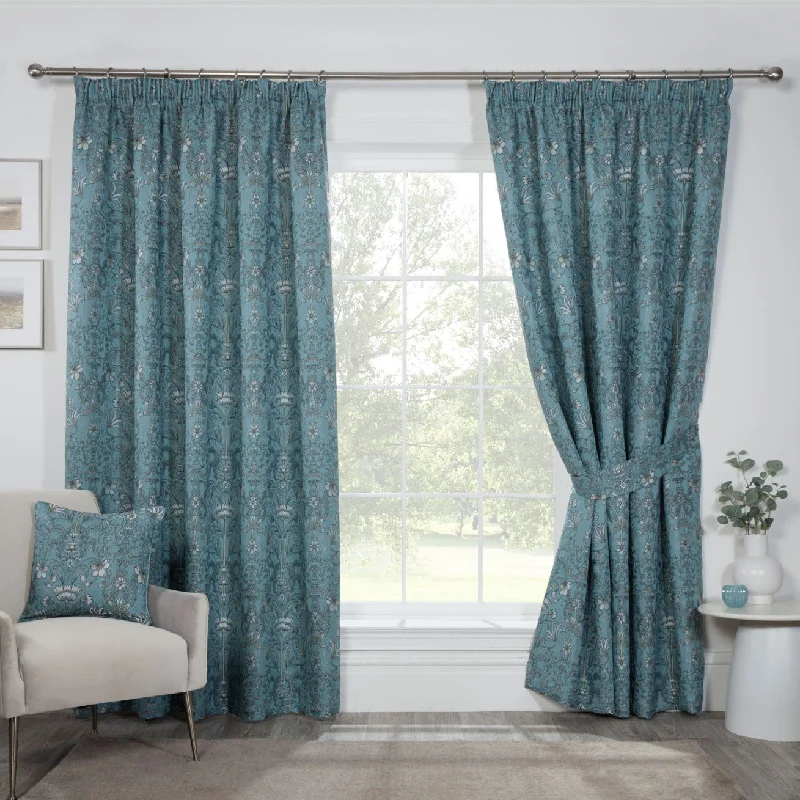 Kyoto Blue Floral Jacquard Lined Pencil Pleat Curtains