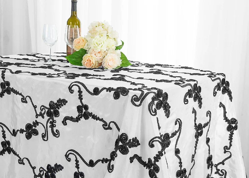 90"x132" Seamless Rectangular Ribbon Taffeta Tablecloth - White/Black (1pc)