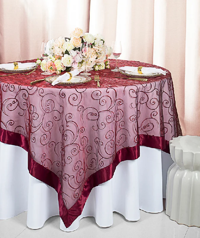 85"x85" Seamless Square Embroidered Organza Tablecloth/Table Overlay - Burgundy (1pc)