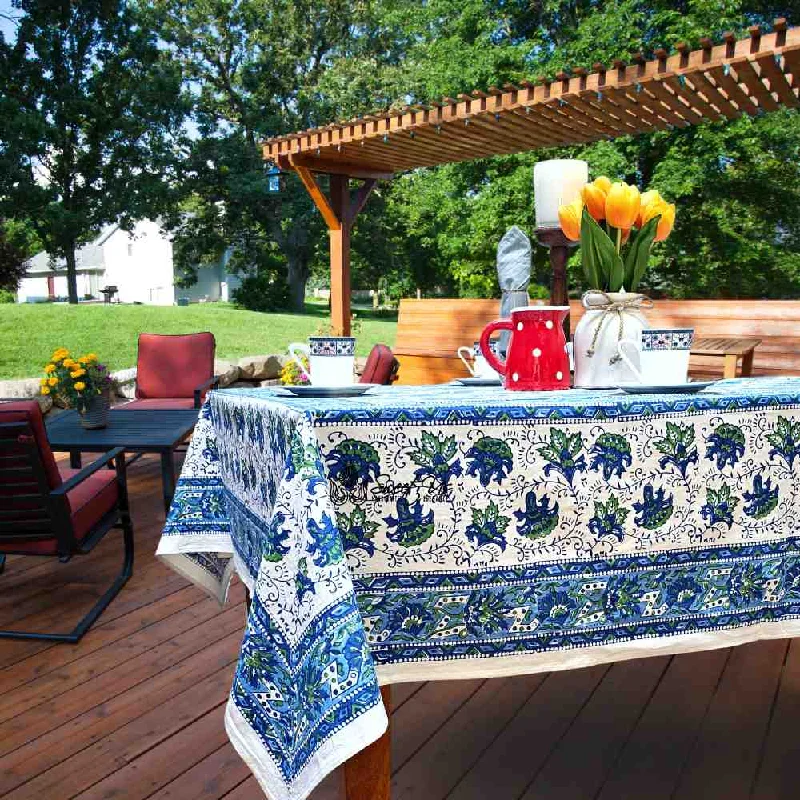 Cotton Block Print Lotus Flower Tablecloth Round Rectangular Square Blue