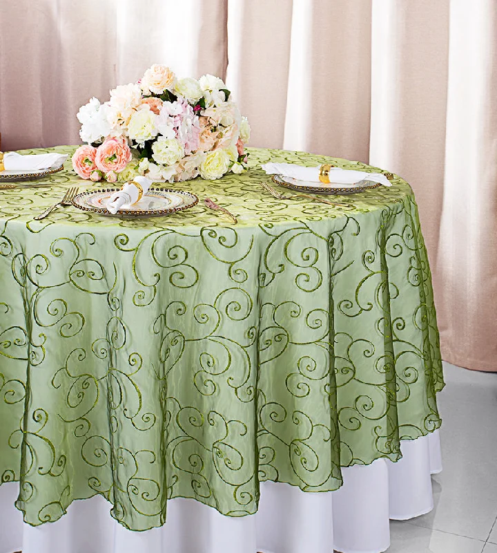 108" Seamless Round Embroidered Organza Tablecloth/Table Overlay - Moss Green (1pc)