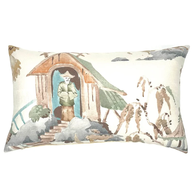 Asian Scenic Ivory Lumbar Pillow cover 13x22