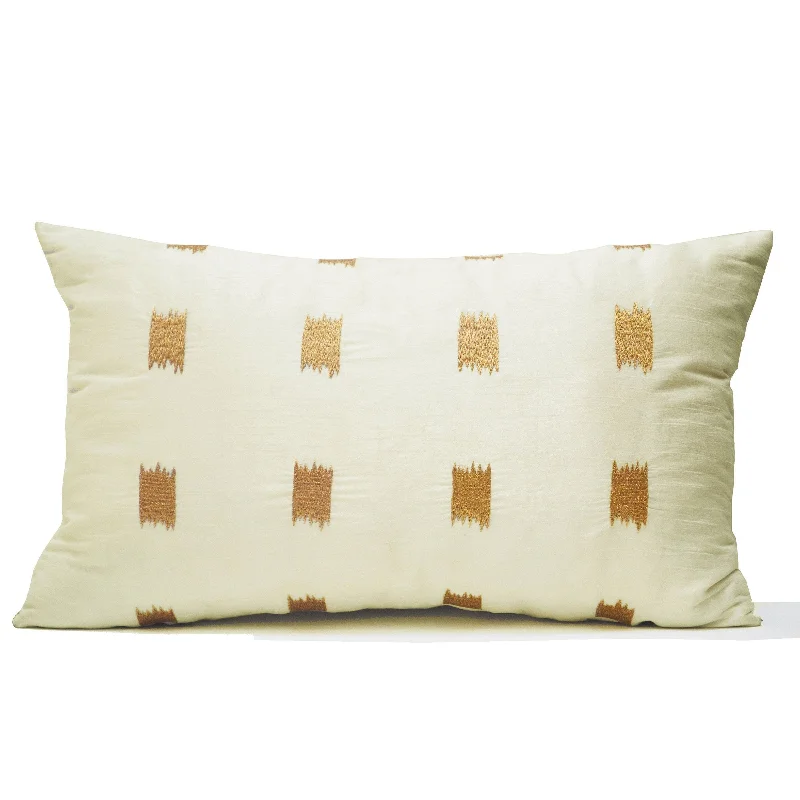 Ivory Silk Pillow Cover, Ikat Pillow, Lumbar Pillow, Embroidery Embroidered,