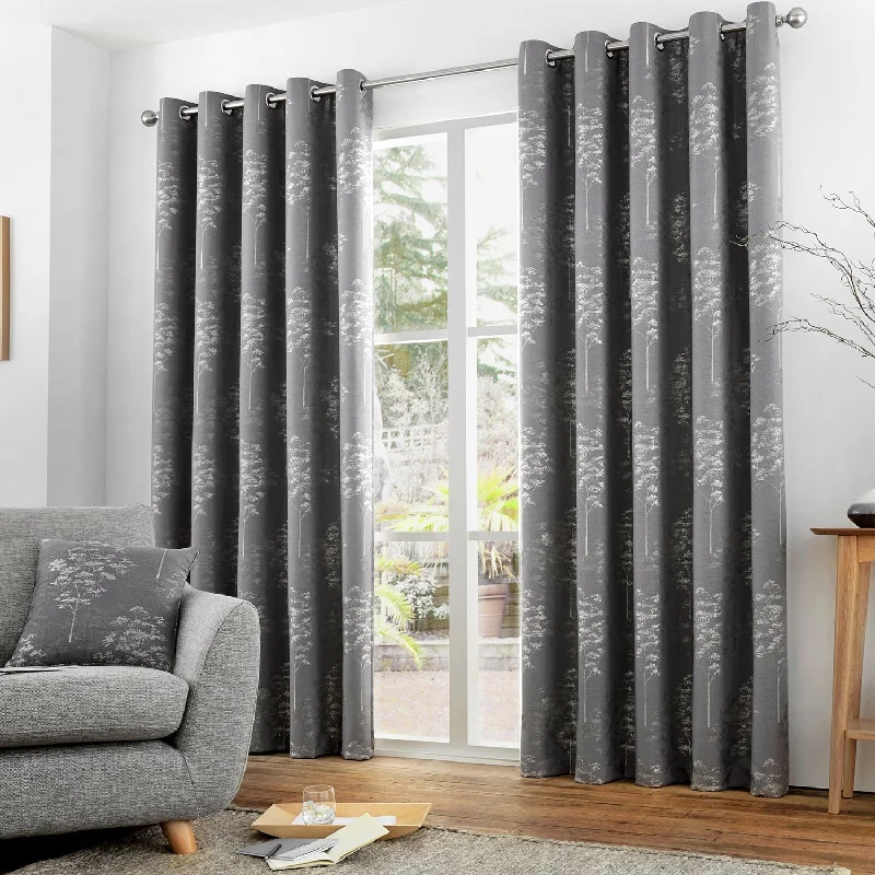 Elmwood Graphite Metallic Jacquard Eyelet Curtains