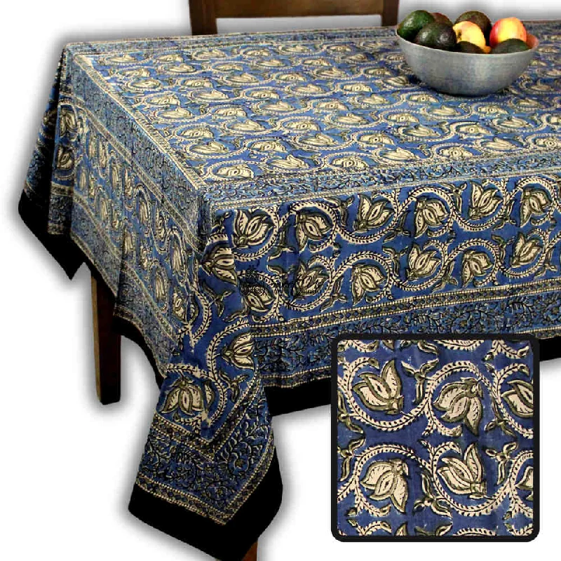 Lotus Haven Cotton Block Print Floral Tablecloth Rectangle, Twilight Abyss