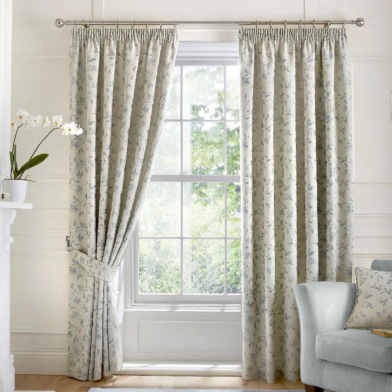 Bird Trail Duck Egg Jacquard Pencil Pleat Curtains