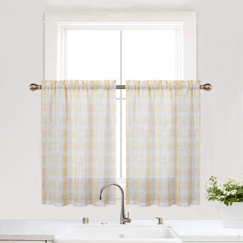 Buffalo Plaid Print Semi-Sheer Kitchen Tier Curtains