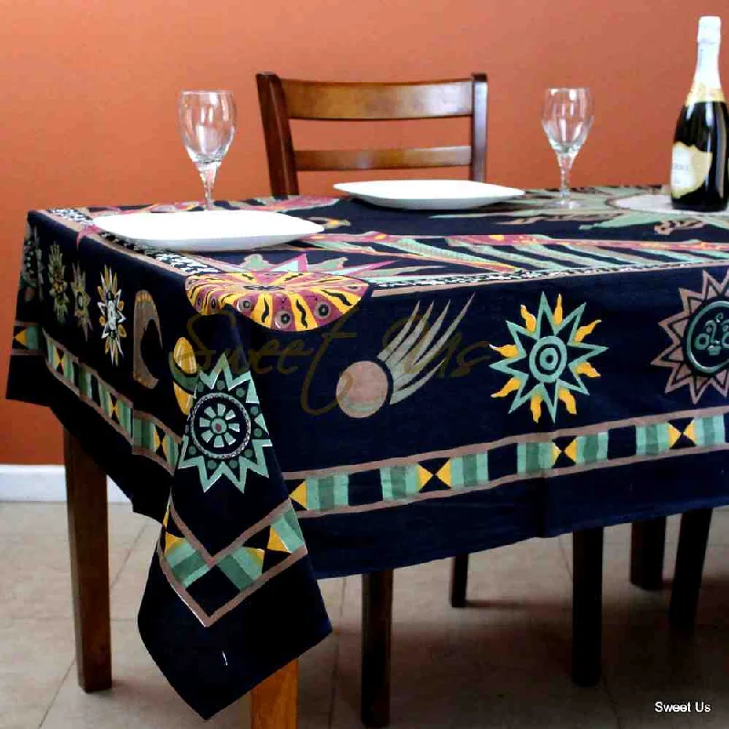 Cotton Celestial Sun Moon Star Tablecloth Rectangle Black Green Orange