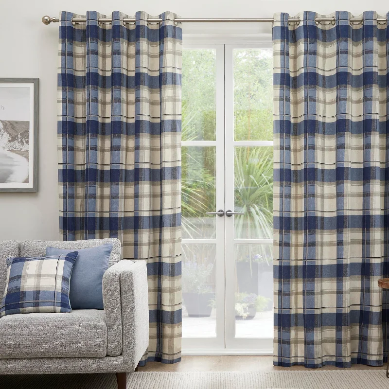 Balmoral Check Navy Blue Eyelet Curtains