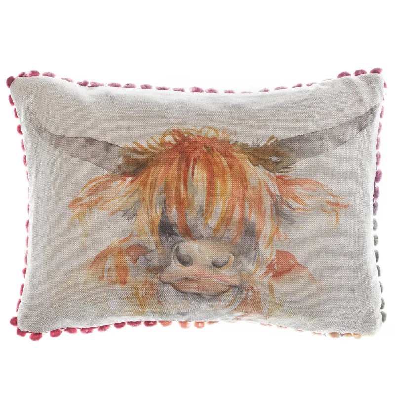 Highland Cow Printed Feather Cushion Natural