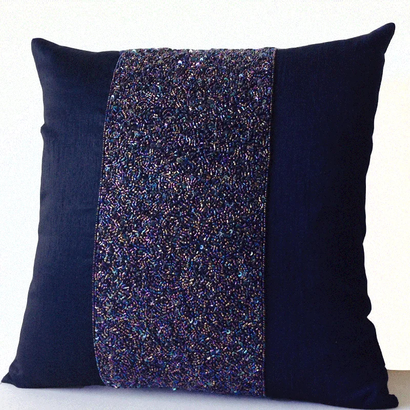 Navy Blue Beaded Sequin Pillows, Navy Silk Metallic Pillow Cover, Sparkle Pillow Gift