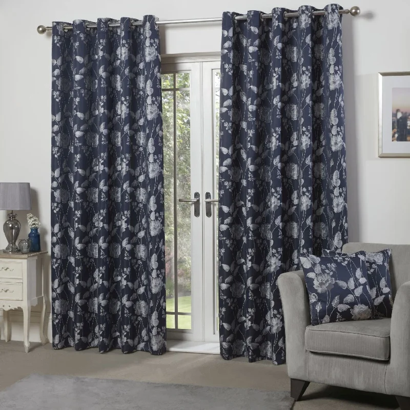 Butterfly Meadow Navy Blue Lined Eyelet Jacquard Curtains