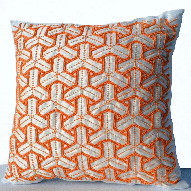 Ivory Silk Throw Pillow Cover, Orange Bead Geometric Sashiko Designer Pillow,Decorative pillow