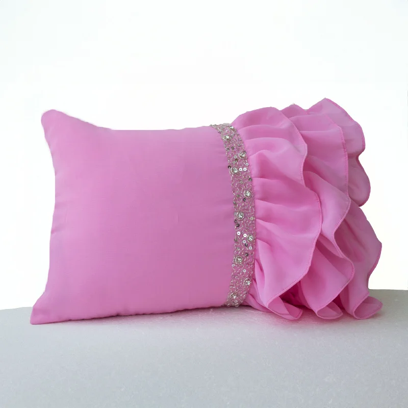 Pink ruffled pillow, Georgette Ruffle pillow covers, Pink Lumbar Pillow