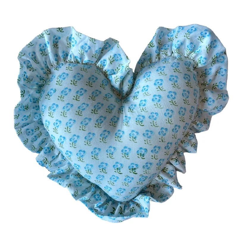 Heart Ruffle Pillow - blockprint blue