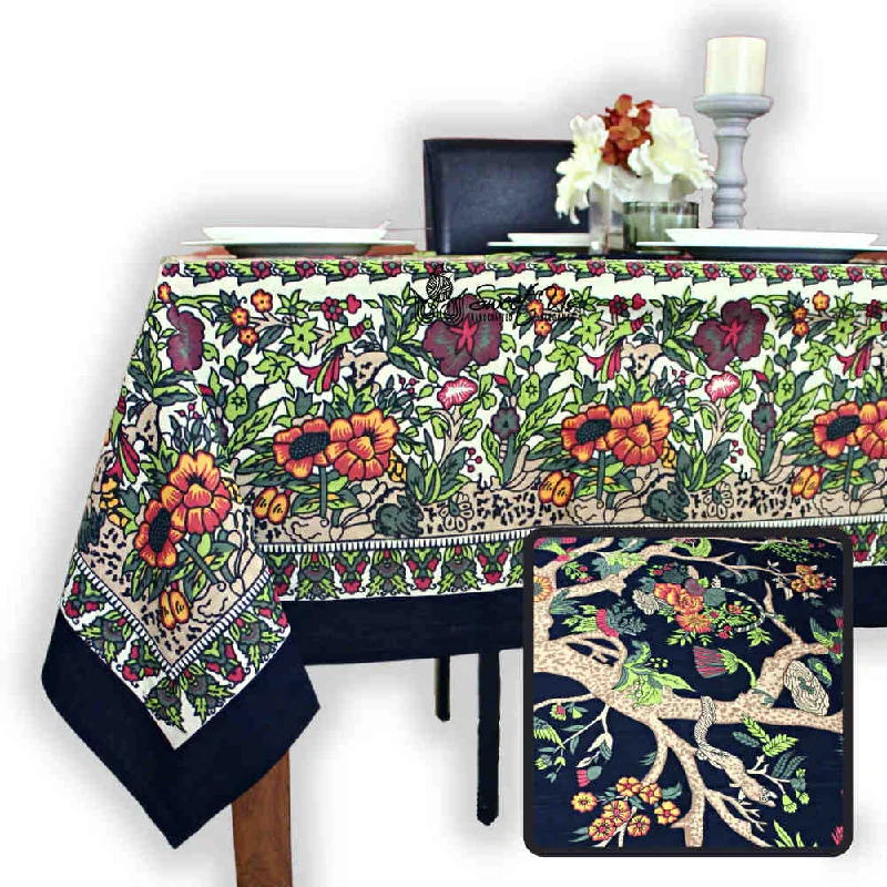 Tree of Life Hand loomed Cotton Tablecloth Rectangle, Onyx Orchard