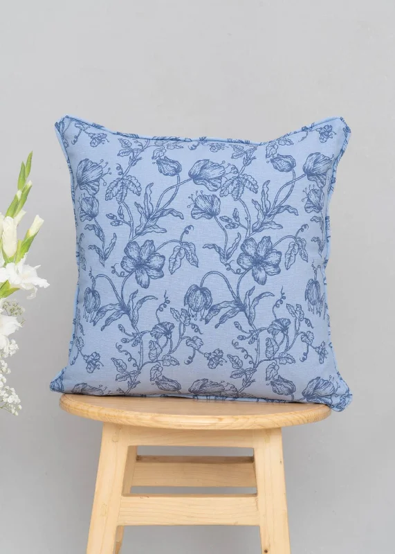 French Farmhouse Printed Cotton Cushion Cover - Blue