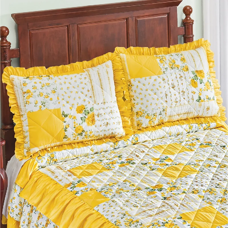 Beautiful Floral Patchwork Ruffled Quilt Top Pillow Sham