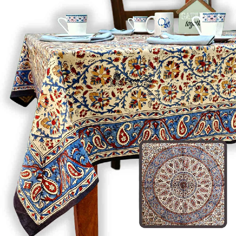 Vintage Paisley Block Print Cotton Floral Tablecloth Collection, Aqua Dusk