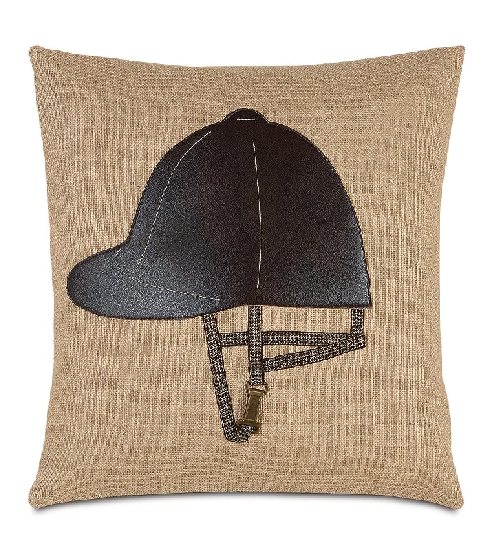 Equestrian Riding Helmet Burlap Pillow Cover 18x18