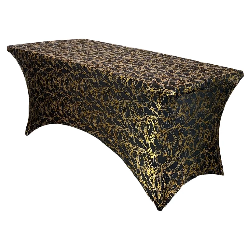 Stretch Spandex 8 ft Rectangular Table Cover Black With Gold Marbling