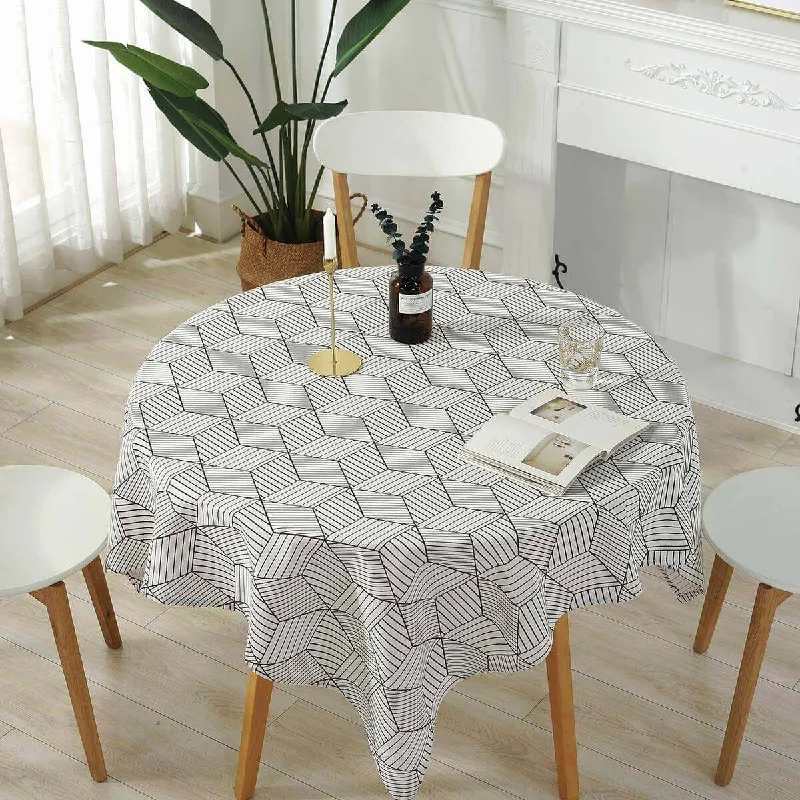 55"x55" Geometric Style Linen White Round Tablecloth