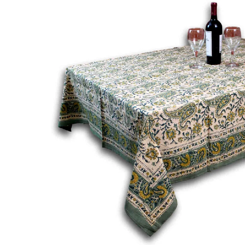 Parisian Paisly Floral Block Print Cotton Tablecloth Collection, Lime Terrace