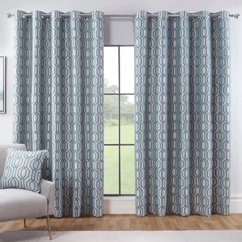 Dakota Green Woven Geometric Eyelet Curtains