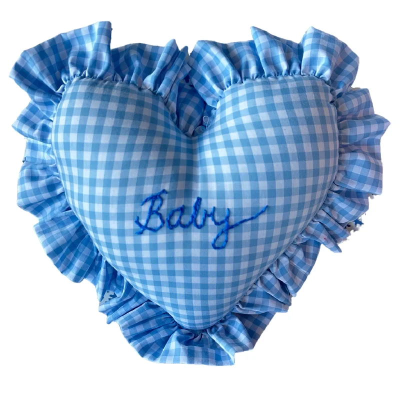 Heart Ruffle Pillow - baby blue gingham