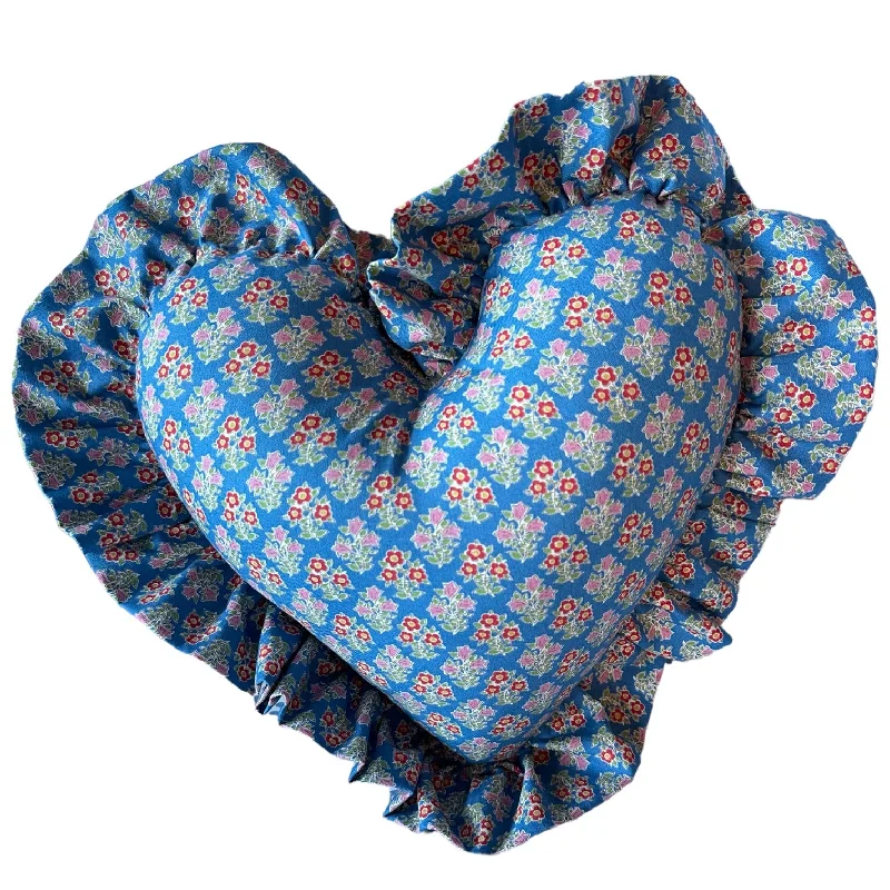 Heart Ruffle Pillow - blue print