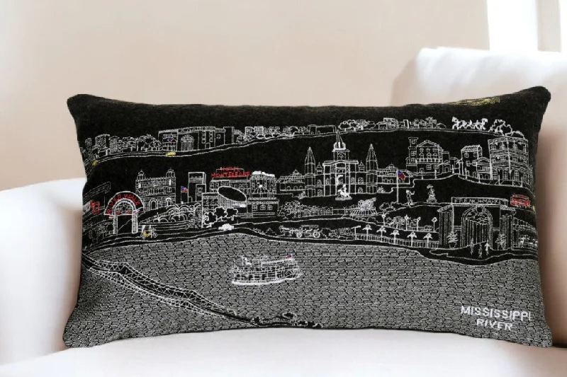 25" Black New Orleans Nighttime Skyline Lumbar Decorative Pillow