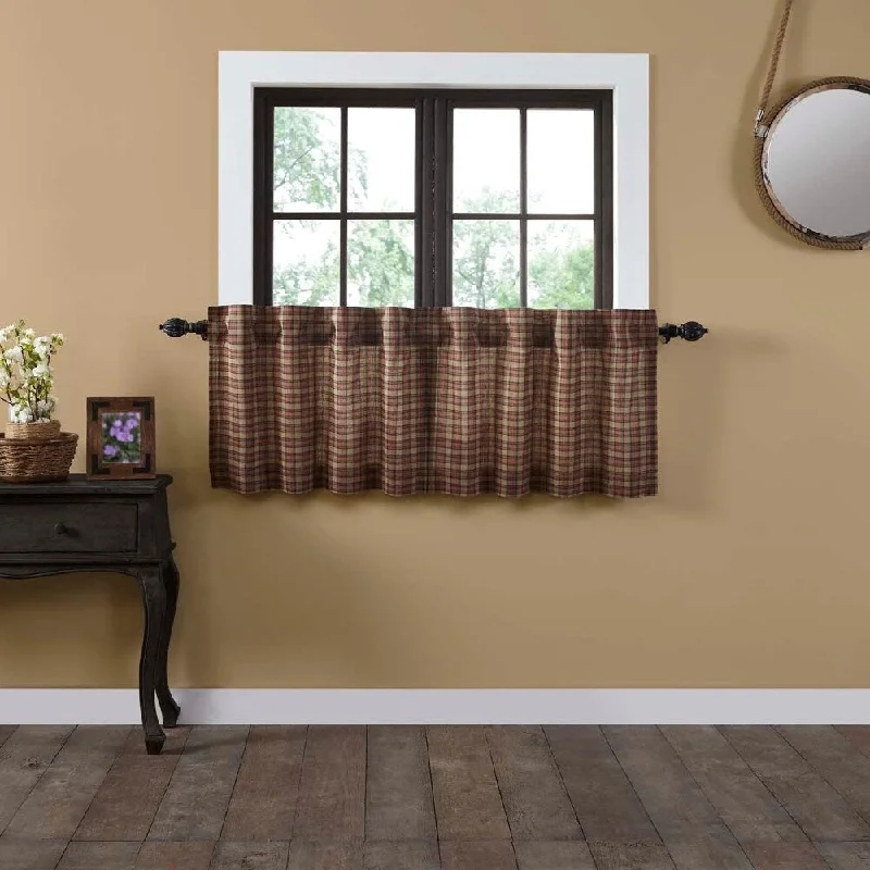 Tan Primitive Kitchen Curtains VHC Crosswoods Tier Pair Rod Pocket Cotton Plaid