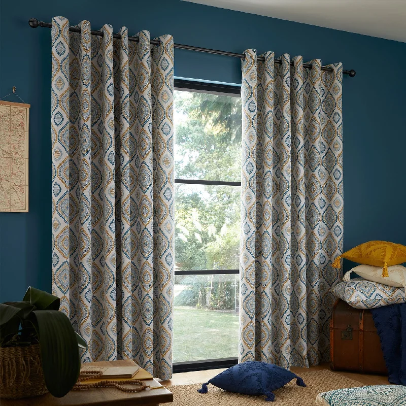 Pineapple Elephant Ziri Teal Cotton Lined Eyelet Curtains