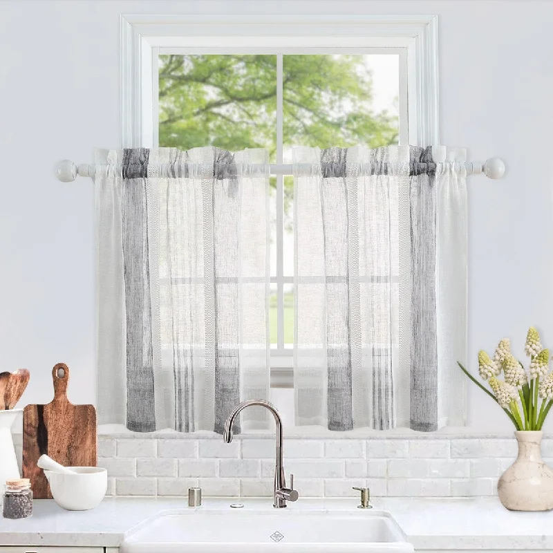 Vertical Stripe Linen Textured Voile Sheer Kitchen Tier Curtains