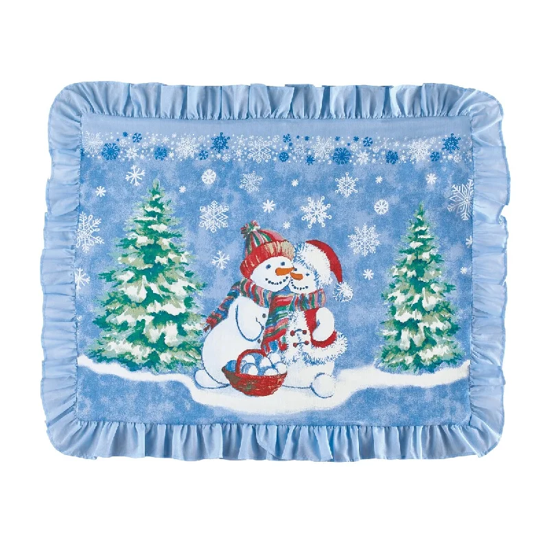 Colorful Snowman Couple In Wreath Ruffled Pillow Sham