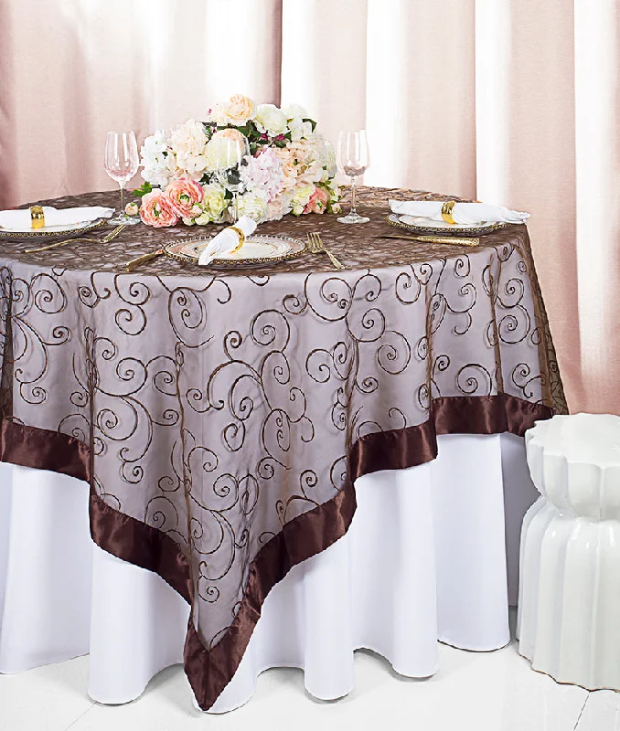 85"x85" Seamless Square Embroidered Organza Tablecloth/Table Overlay - Chocolate (1pc)