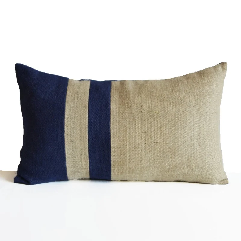 Burlap Pillow Cover, Navy Blue Ivory Pillow, Nautical Pillow, Beach Pillow, Lumbar Pillow