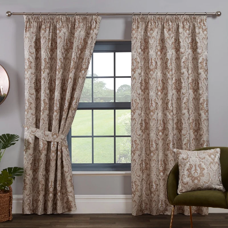 Tegola Latte Luxury Jacquard Pencil Pleat Curtains