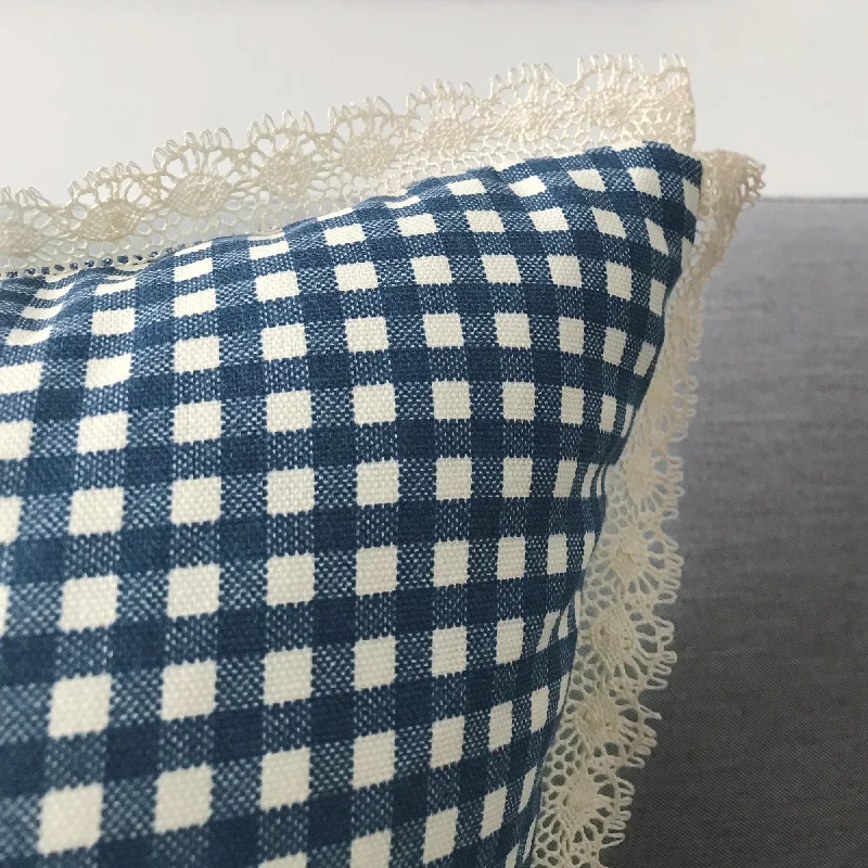 Shabby Chic Blue Gingham Throw Pillow Cover with Lace 18x18