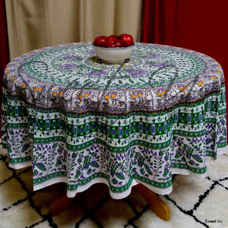 Elephant and Peacock Print Cotton Floral Tablecloth Round 69 inches Green Red