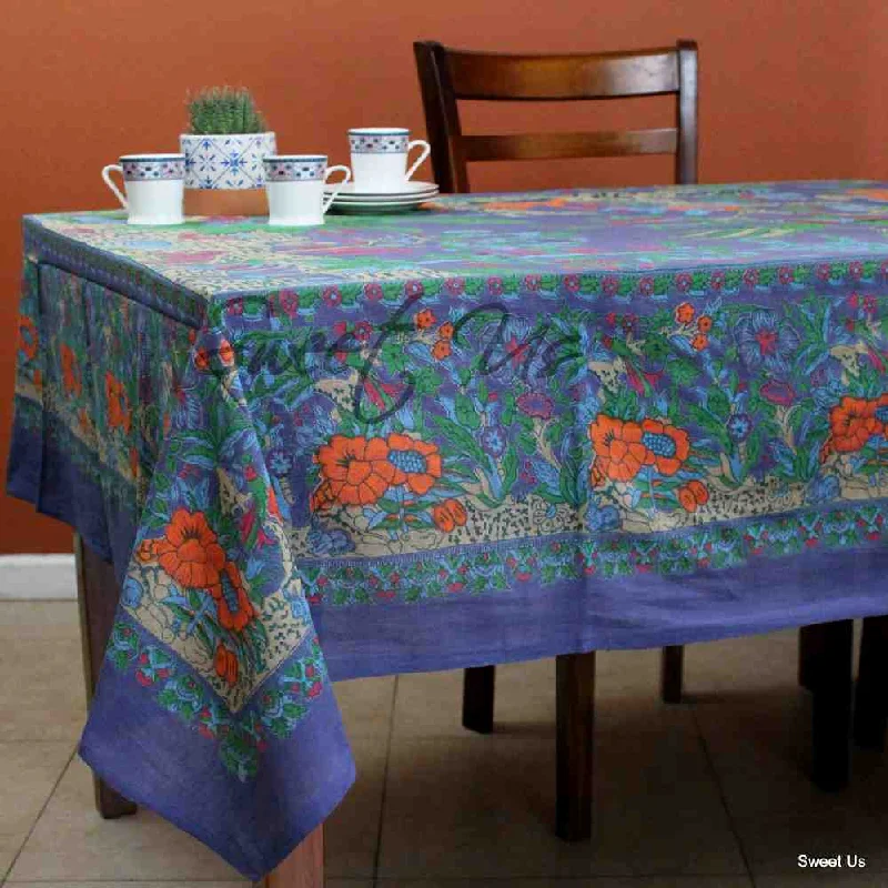 Cotton Tree of Life Floral Tablecloth Rectangle Navy Blue Kitchen Dining Linen