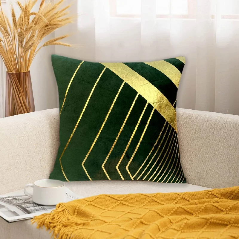 Luxury Foil Print Green and Golden Velvet Cushion 16 x 16 inches 1040058