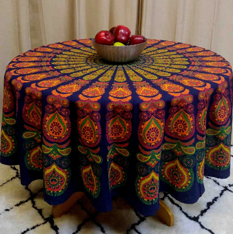 Peacock Mandala Cotton Floral Round Tablecloth Rectangle Rust Gold Green