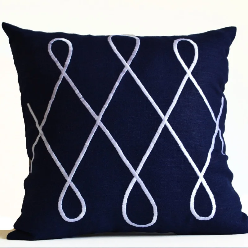 Blue Throw Pillow Covers, Navy Blue Pillow Cover, Embroidered Pillow Cover